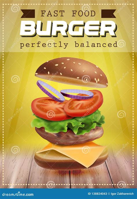 Fresh Flying Hamburger With Ingredients Poster Design Stock Vector