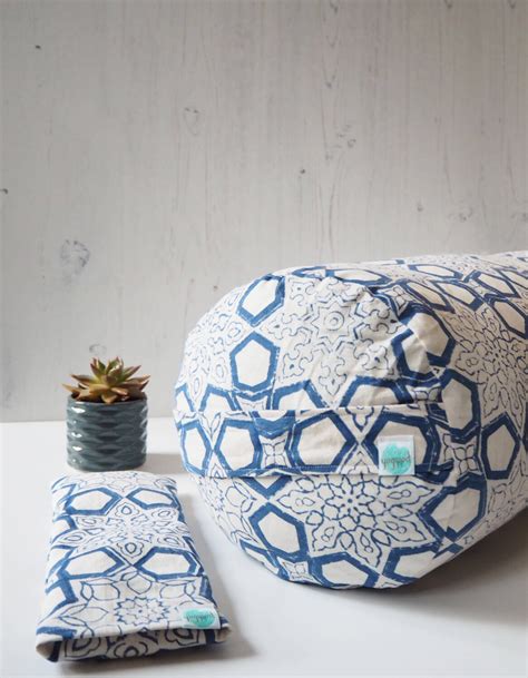 Block Printed Yoga Bolster Fretwork Blue Buckwheat Filled Yogipod