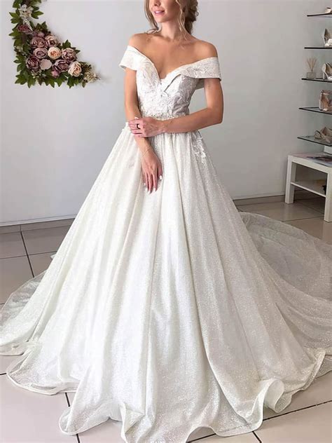 Ball Gown Off The Shoulder Glitter Court Train Wedding Dresses With