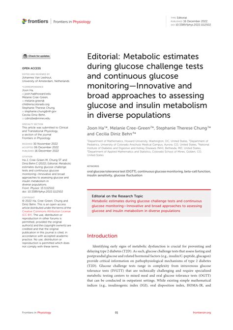 PDF Editorial Metabolic Estimates During Glucose Challenge Tests And