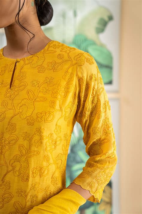 Buy Vaayu Yellow Muslin Cotton Aari Work Kurta Set Online Aza Fashions