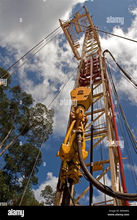 Looking Up Oil Drill Rig Derrick Remote Rainforest Site Gabon Stock