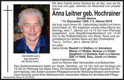 Anna Leitner Aus Freienfeld Trauerhilfe It Das S Dtiroler Gedenkportal