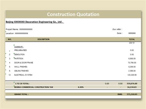 Excel Of Business Finance Construction Quotation Xls Wps Free Templates