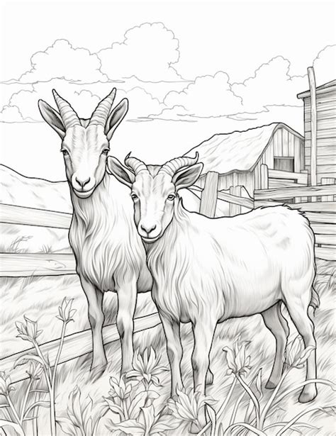 Premium Photo Coloring Pages Of Two Goats Standing In A Field Near A