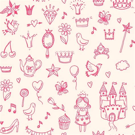 Princess Fairytale Seamless Pattern Notebook Doodles Vector