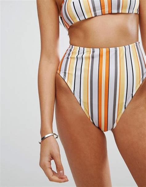 Asos Design Slip Bikini Vita Alta Sgambato A Righe Irregolari