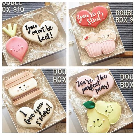 Four Pictures Of Decorated Cookies In Boxes With Words On The Top