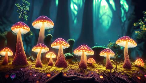 Premium Photo Fantasy Glowing Mushrooms In Mystery Dark Forest Closeup