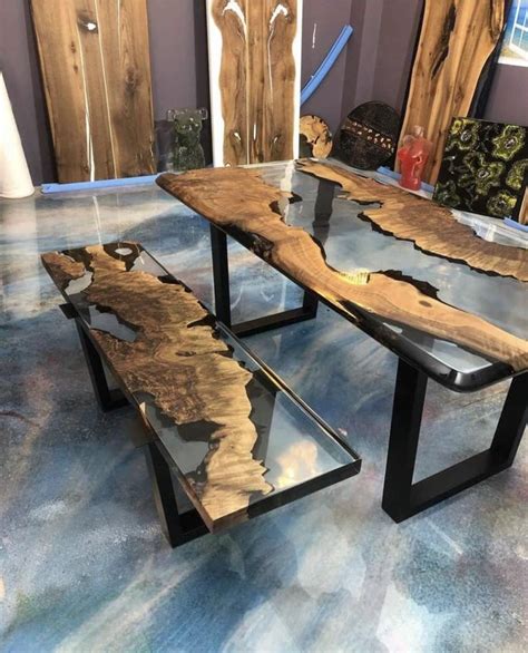 Made To Order Custom Table Clear Epoxy Resin Table With Bench Walnut