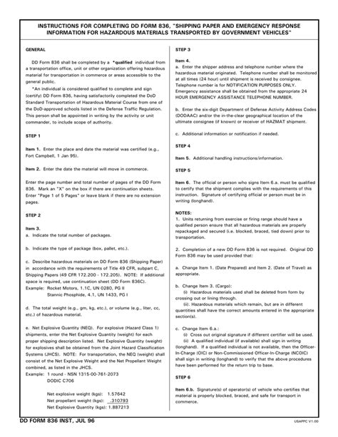 Instructions For Completing Dd Form 836 Shipping Paper And Emergency