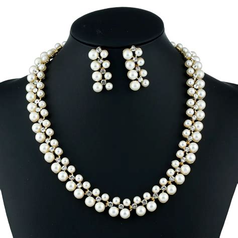 Necklace Earring Set Classic Imitation Pearl Necklace Gold Color