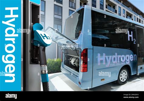 A hydrogen fuel cell bus with an open hood and a hydrogen tank inside Stock Photo - Alamy