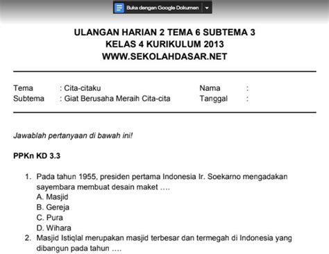 Soal Ulangan Harian K13 Kelas 4 Tema 6 Subtema 3 SekolahDasar Net