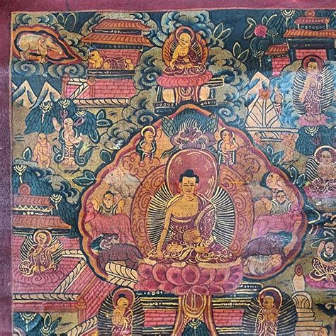 Buddhist Tibetan Thangka Of Buddha Life Story Hand Painted Antique