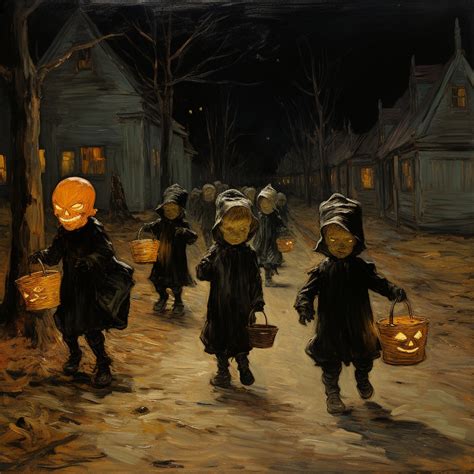 Vintage Art Kids Trick Or Treating Free Stock Photo - Public Domain