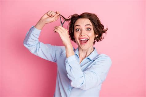 Photo Of Attractive Funny Overjoyed Lady Hold Hairdo Curl Cutting Split