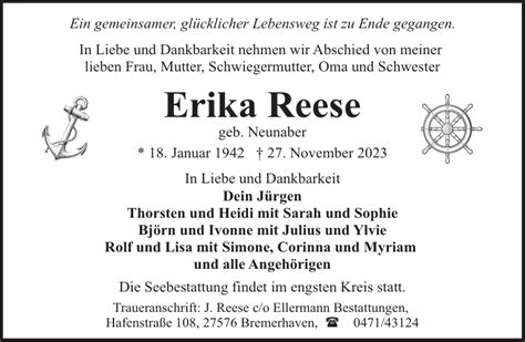 Erika Reese Gedenken Nordsee Zeitung