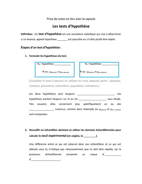 Les Tests D Hypoth Se Notes Aux Capsule Prise De Notes En Lien