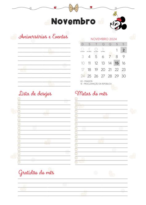 Agenda Novembro Planner 2024 Minnie Fazendo A Nossa Festa