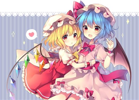 2girls Blonde Hair Blue Hair Blush Bow Flandre Scarlet Hat Heart Hug Long Hair Red Eyes Remilia