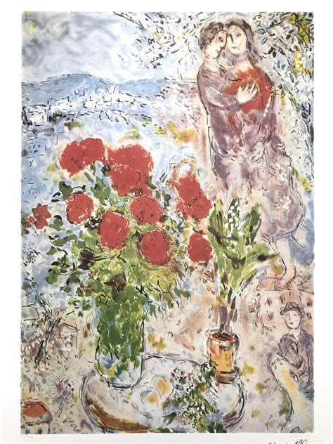 Lot Marc Chagall Red Bouquet With Lovers Offset Lithograph