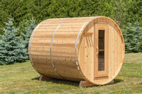 Panorama Barrel Sauna Met Veranda Red Cedar Knotty Ticra Outdoor