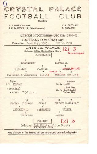 Crystal Palace V Leicester City Reserves Programme 22 5 1963 EBay