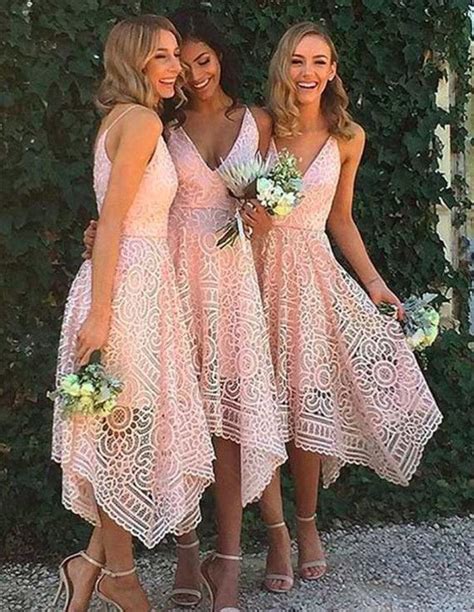 A Line V Neck Sleeveless Asymmetrical Pink Lace Bridesmaid Dress