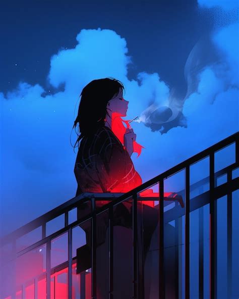 Premium AI Image | Anime girl smoking a cigarette on a balcony with a ...