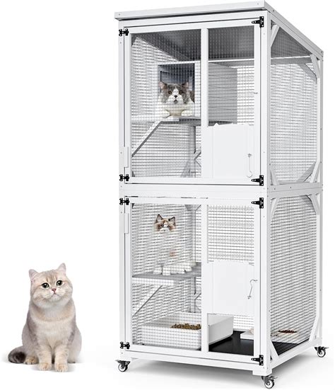 Oarlike Cat Catio Outdoor Enclosure with 4 Wheels Wooden Cat Cage Outdoor with Resting Box 3 ...