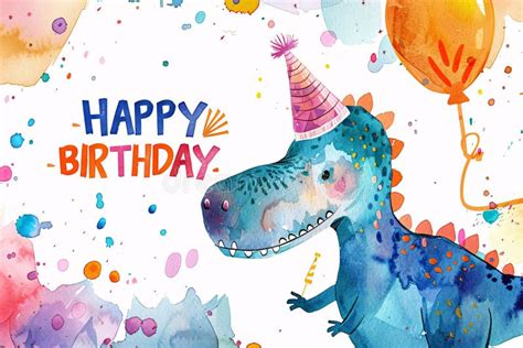 Cute Watercolor Style Tyrannosaurus Rex Dinosaur With Birthday Party