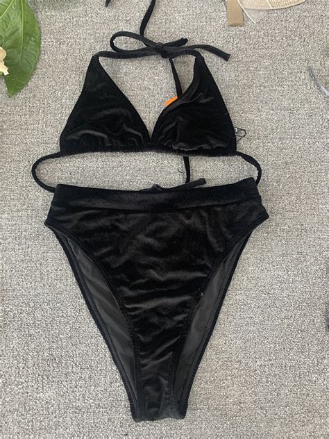 Triangle Swimsuit Sexy Halter Black Velvet Bikini For Women China