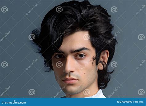 Portrait Of A Handsome Young Man With Black Hair Studio Shot Stock