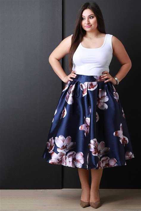 Description This Plus Size Skirt Features Taffeta Floral Print Pleated Waist A Line Cut And