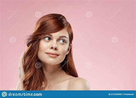 Cute Red Haired Woman Naked Shoulders Clean Skin Care Pink Background