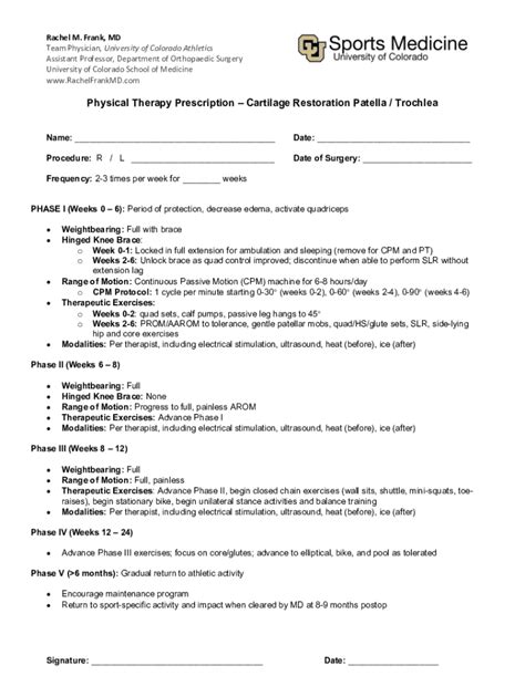 Fillable Online Rmf Pt Protocol Cartilage Restoration Patella Fax