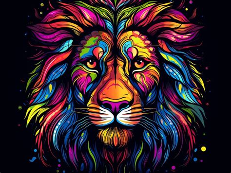 Colorful Lion Face Head Vivid Colors Pop Art Vector Illustrations Black