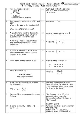 Year 9 Maths Higher Revision Homework Sheets Teaching Resources