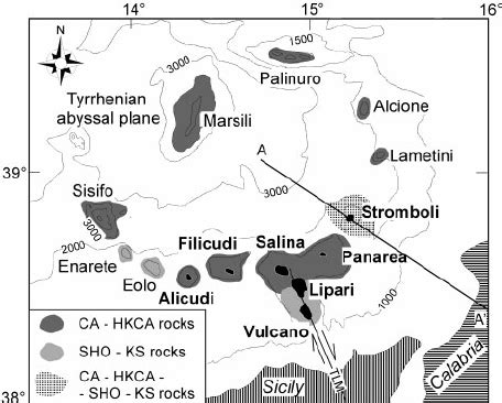 Map showing the location of the Aeolian Islands volcanoes (in black ...