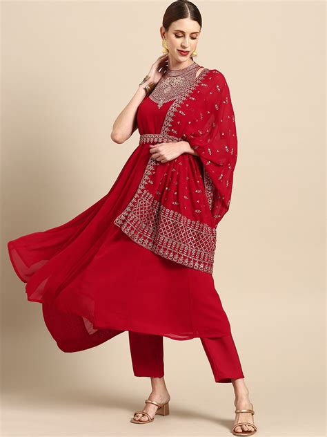 Buy Anouk Women Red Ethnic Motifs Embroidered Kurta With Trousers