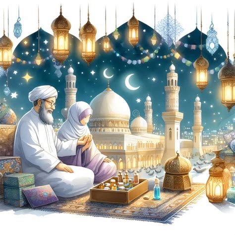 Illustration Of A Muslim Man And Women Praying In Front Of The Mosque