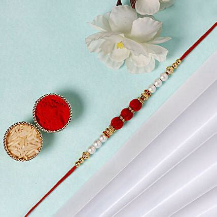 White Pearl And Velvet Beads Rakhi Uae Gift White Pearl And Velvet