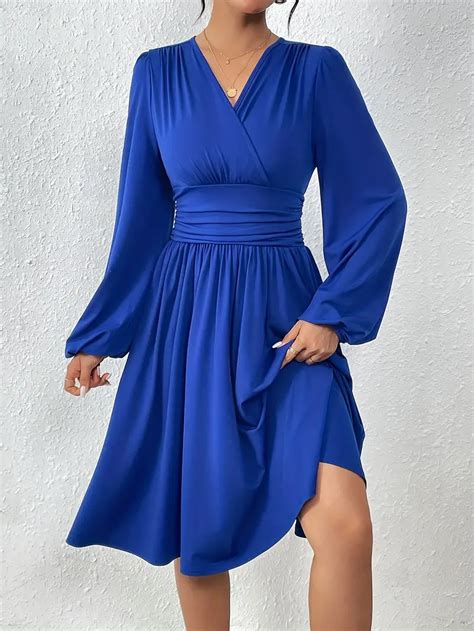 Solid Surplice Neck Dress Elegant Lantern Sleeve Ruched Temu Australia