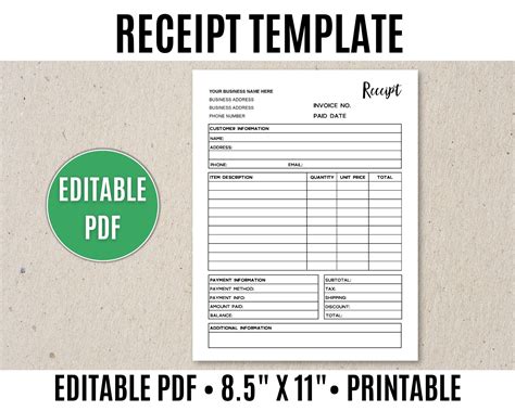 Receipt Template Editable Printable, Order Receipt Editable PDF - Etsy ...