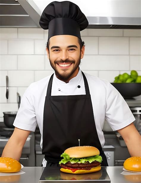 Premium Ai Image Portrait Of Happy Male Chef Preparing Burger In