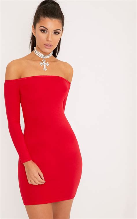 Basic Red Bardot Bodycon Dress Dresses Prettylittlething Ca