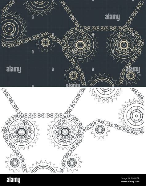 Stylized Vector Illustration Of Drawings Of Chain Drive And Gears Stock