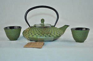 Rikyu Cast Iron Tetsubin Teapot And Cups Set Green Flat Hobnail New