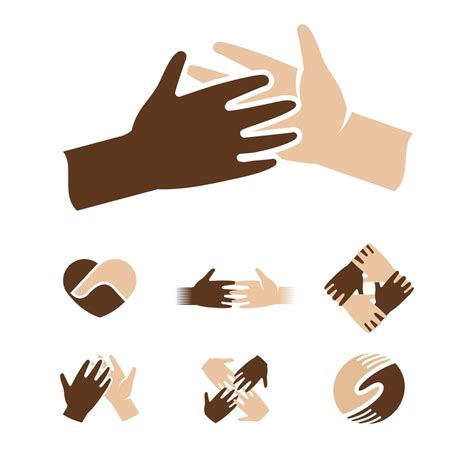 Isolated abstract dark and light skin human hands together logo. Black and white people ...